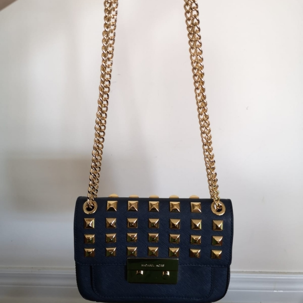 Michael Kors Navy Pyramid-Stud Saffiano Sloan Flap